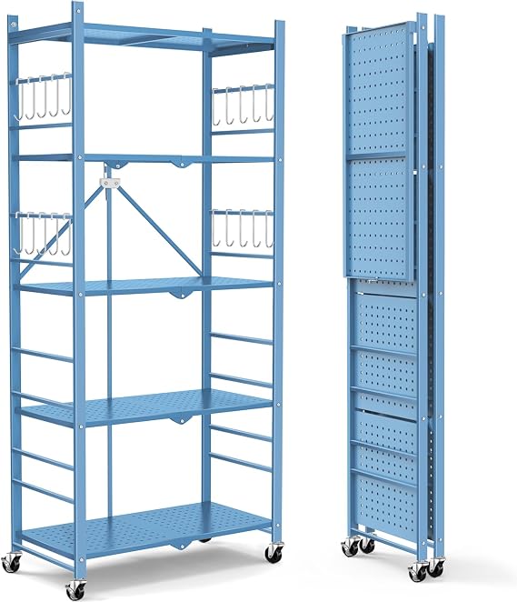 Himix Storage Shelves with 20 Hooks, 5-Tier Foldable Shelf for Storage, Folding Shelf Unit Pantry Shelves with Wheels, Standing Shelving Unit for Kitchen Garage Home Office Room Greenhouse, Blue