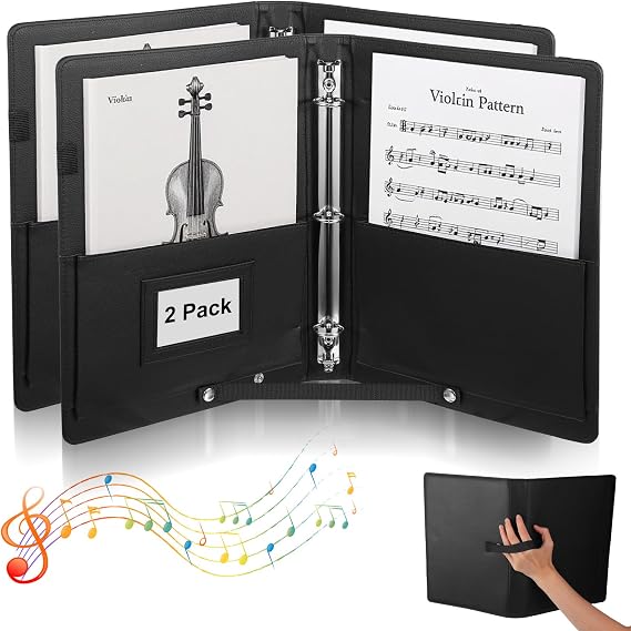 2 Pack Sheet Music Folder 3 Ring Black - 13" x 9.8", Large PU Leather Choir Folder with Hand Strap and Internal Retention Strap for Piano, Choral, Musician & Stage Performance