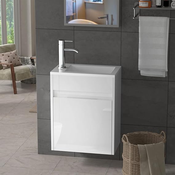 UEV 400 mm Wall Hung Bathroom Vanity Unit with Resin Sink, Space-Saving Storage Cabinet, Wall-Mounted Basin for Cloakroom or Bathroom, White