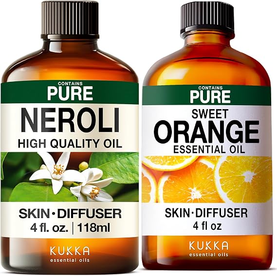 Neroli Essential Oil for Diffuser & Sweet Orange Essential Oil for Diffuser & Skin - Aromatherapy Grade Essential Oils Set - 2x4 fl oz - Kukka