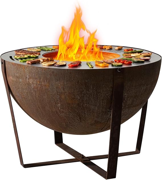 Corten Steel Heavy-Duty Fire Pit with Grilling Ring,Fire Pit Bowl with Stand,Round Firepit with Handle, Weathering Steel Wood Burning Firepit for Outside Backyard Deck Party Bonfire,32