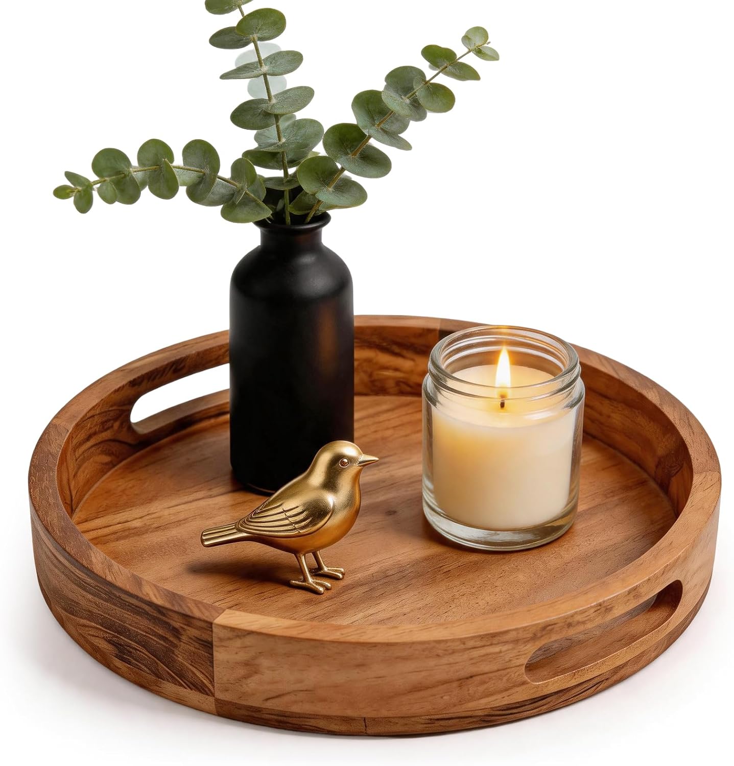 Round Acacia Wood Serving Tray with Handles, Large Rustic Wooden Serving Tray Platter for Drinks, Breakfast & Dinner, Decorative Coffee Table Tray for Home Decor, Serving Trays
