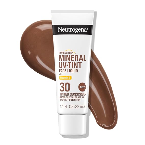 Neutrogena Purescreen+ Mineral Tinted Sunscreen SPF 30, Deep, 1.1 fl oz | Tinted Sunscreen For Face, Zinc Oxide & Vitamin E, Broad Spectrum, Water Resistant (80 min), Fragrance Free