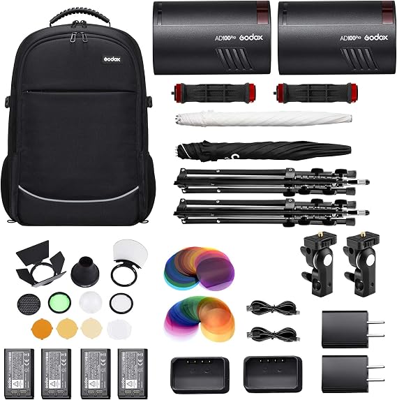 Godox 2X AD100Pro Kit with AK-R1 Round Head Accessories, WB100 Battery, UBL-085S/UBL-085T Umbrellas, CB20 Carrying Bag, Light Stand (Black, Metal/Plastic)