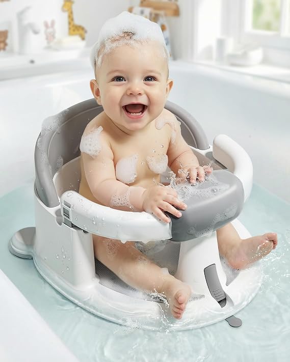 ONTHEWEI Baby Bath Seats for Babies Sitting Up, Non-Slip Baby Bathtub with 3 Suction Cups, Safe & Comfortable Toddler Bath Seat Ideal for Baby BathShower Support, Stable Design, Grey 6-24 Months