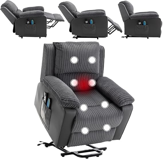 Electric Power Lift Massage Recliner, Heated 8 Point Massage Sofa Chair, Soft Padded Electric Riser Recliner - Gray