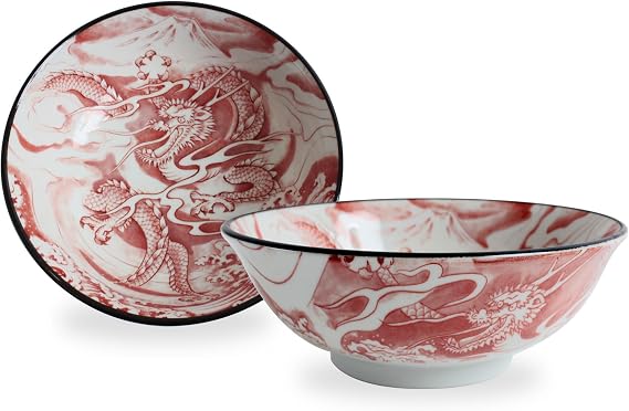Mino ware Japanese Pottery Pair Ramen Noodle Donburi Bowl (set of two) made in Japan KND203 (Dragon & Mt. Fuji Red)