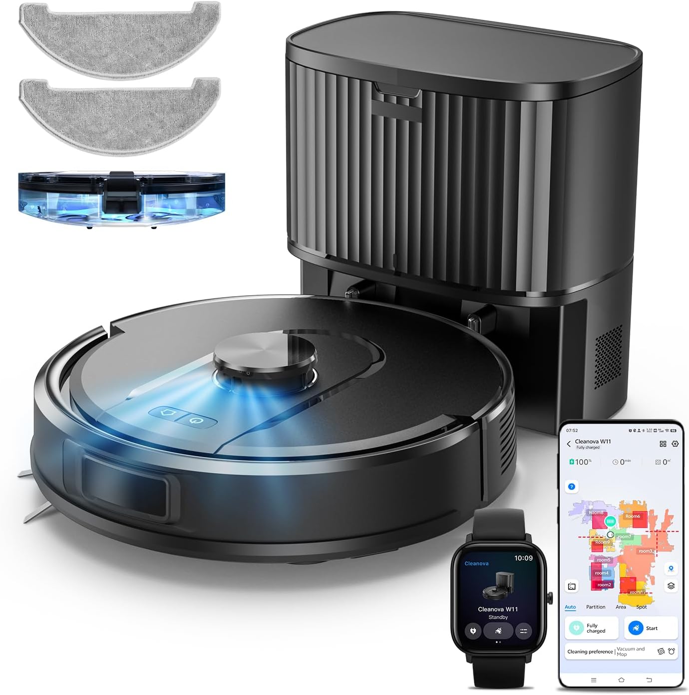 Vexilar Self-Emptying Robot Vacuum Cleaner with Mop, Laser Navigation, Up to 60 Days of Hands-Free Cleaning, 180 Mins Runtime, Strong 10000Pa Suction Robot Vacuum to Clean Floors, Carpets, Pet Hair [Energy Class A+++]