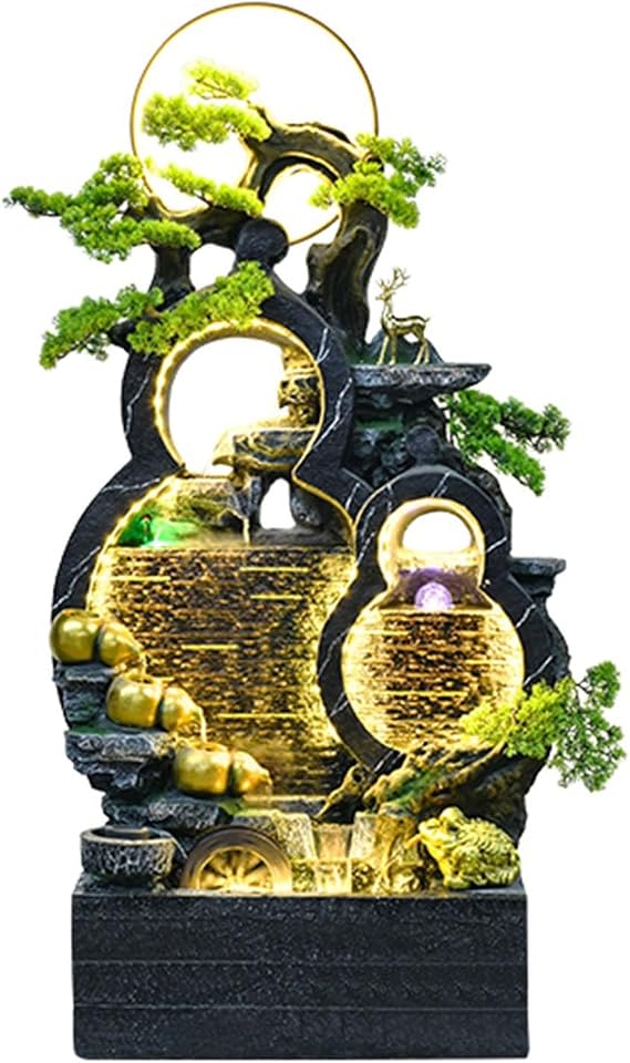 Desktop Decor, Outdoor Water Fountain Floor Standing Gourd, Indoor Freestanding with Mist, LED Lights and Simulated Greenery, Feng Shui Office Home Decor for Good Luck Wealth Fo(Black-a)