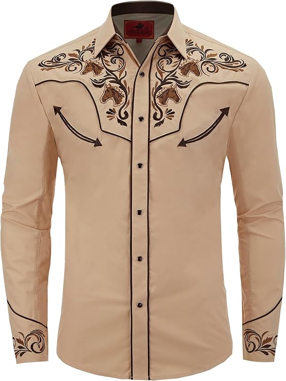 Men's Western Cowboy Shirt Embroidered Exquisite Long Sleeve Regular Fit Snap Button Down Shirts