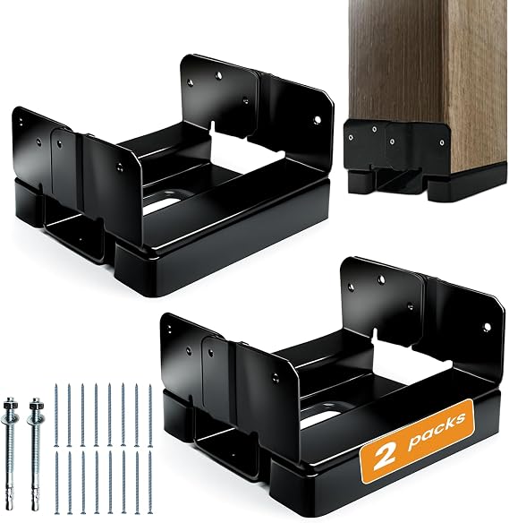 2PCS 6x6 Post Base for Concrete Heavy Duty Black E-Coated 6x6 Post Bracket Anchor Adjustable Base with 1" Standoff for Deck Pergola Patio Gazebo Porch（Included Screws）