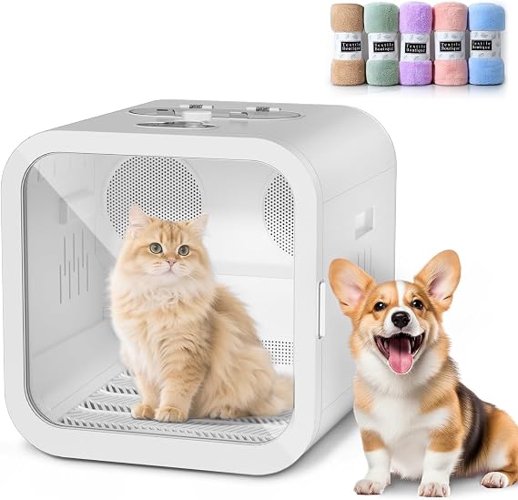 Automatic Pet Hair Dryer Box, 70L Dual Motor Fans Blower for Cats and Small Dogs, 360 Drying, Temperature Control, Self-Dryer Boxes with 4 Adjustable Speed Settings & 5 Drying Modes, 5 Towels, White