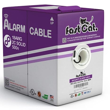 fast Cat. Solid Copper Fire/Alarm Wire/Security Cable - PVC Jacket, Unshielded, (CMR-CL3R-FT4) Rated in-Wall Use- UL Rated - 500Ft Pull Box (18AWG 2C SOL Box, Black)