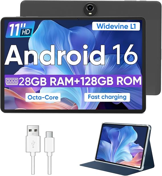 11 Inch Android 16 Tablet, Octa Core, 28GB RAM 128GB ROM 1TB Expand,Black