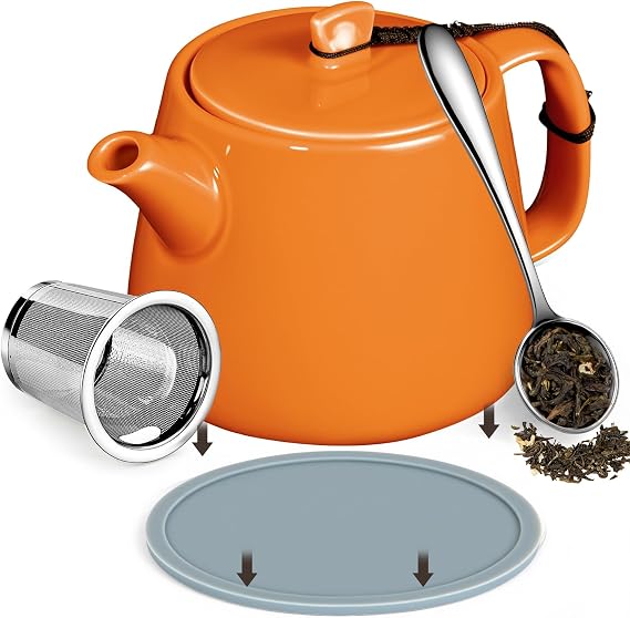 Brew To A Tea Handmade Porcelain Teapot with Infuser, 600ml/20.29oz Heat-Resistant Stump Teapot for Loose Leaf Tea, Includes Removable Strainer, Spoon & Coaster