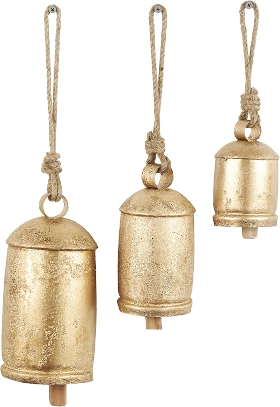 Deco 79 Metal Cow Bells, Meditation Bell, Set of 3, 10", 7", 5"H, Gold | Indoor metal art Tibetan inspired decorative cow bells with jute hanging rope, living room wall decor