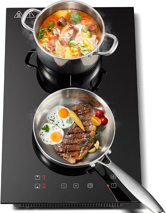 Double Induction Hob, Electric Plug in Hob 30cm, Built-in Induction Cooker, Touch Control, 2800W, 9 Power Levels, Boost Function, 1-99 Min Timer, Child Safety Lock, Residual Heat Indicator