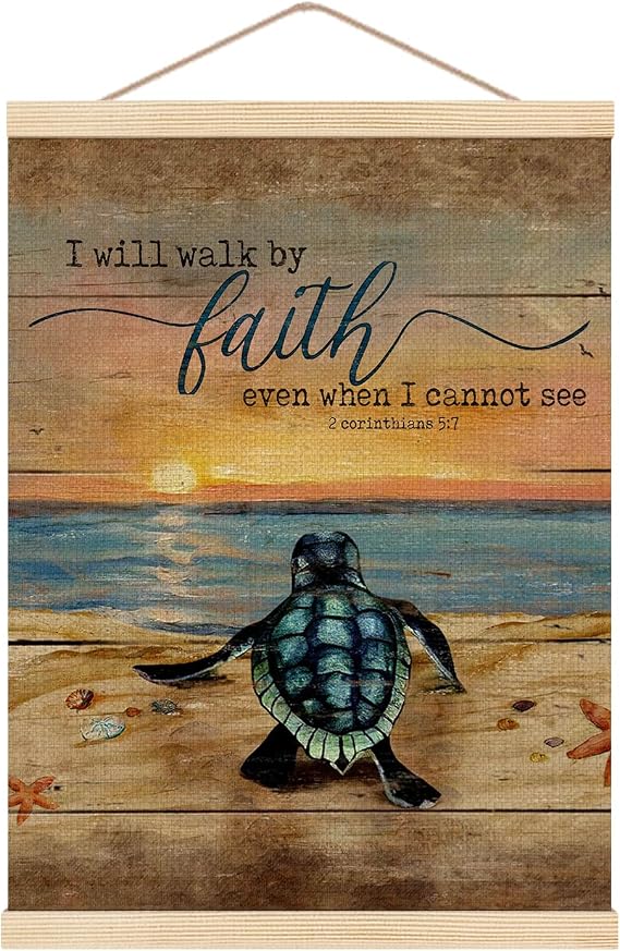 HKTZM Sea Turtle Wall Decor, Christian Bible Scripture Sea Turtle Wall Art With Wooden Poster Hanger, Christian Wall Decor, Ocean Wall Decor, Coastal Beach Wall Decor, Beach Room Decor, 12.5x17 Inch