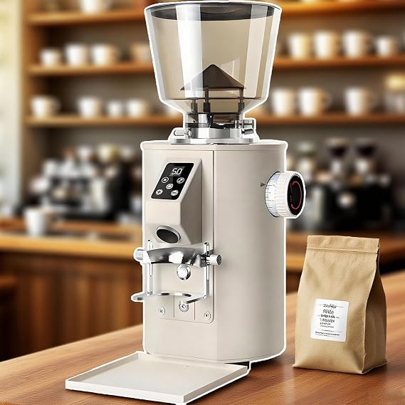 Commercial Coffee Grinder with 64mm Flat Burrs, 9 Settings, 450g Hopper, Double Dosing for Espresso and Coffee Beans