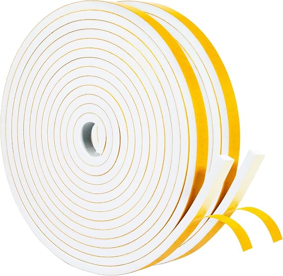 Yotache Draught Excluder Tape 2 Rolls 12mm Wide X 6mm Thick, Foam Weather Stripping Gasket Tape Seal for Draft, Soundproofing, Total 8m Long (2 X 4m Each)