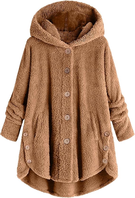 Women Fleece Jacket Button Down Sherpa Fluffy Coat Long Sleeve Hooded Oversized Fuzzy Jackets Winter Warm Clothes