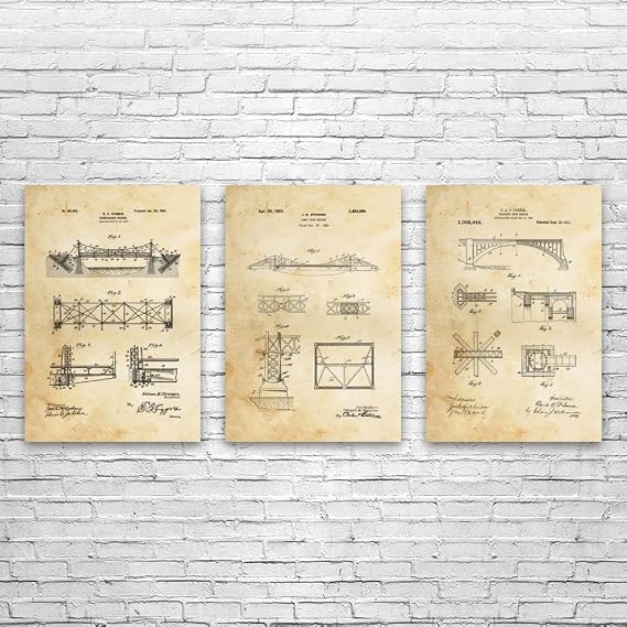 Bridge Patent Posters Set of 3 (18x24), Structural Engineer, Architect Gift, Bridge Blueprint, Office Wall Art, Engineering Gift Vintage Paper