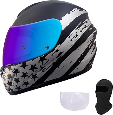 KRN Full Face Motorcycle Motorbike Helmet with Color Visor DOT Approved- Helmet & Balaclava & Clear Visor Star