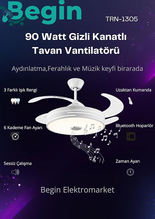 Begin Gizli Kanatlı LED Işıklı Tavan Vantilatörü, Beyaz, Bluetooth Hoparlörlü, Uzaktan Kumandalı, Zaman Ayarlı, 3 Renk Sıcaklığı, 90W [Enerji Sınıfı F]