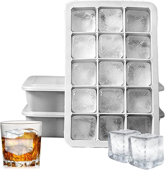 2 Packs Silicone Ice Cube Tray, 15 Cubes ice Cube Tray with lid, Easy Release Silicone Stackable Ice Cube Mold for Cocktail Whisky(Grey)