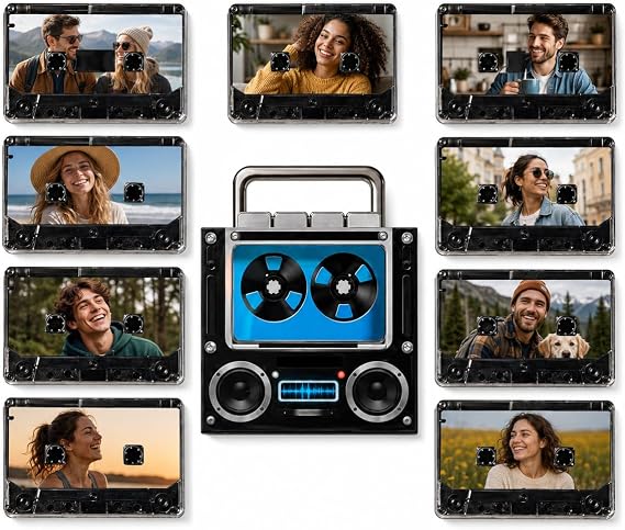 Custom Music Fridge Magnet with Photo, NFC Tap to Play Song, Rotating Record Player Light, Personalized Acrylic Refrigerator Magnet, Birthday for Couples (8 Music Discs)