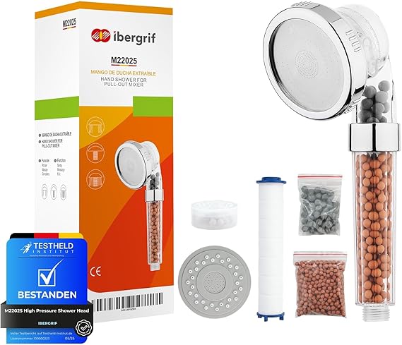 Ibergrif Shower Head, 3-Stage Hard Water Filter, Anti-Limescale, 3 Modes