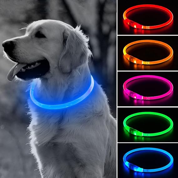 BSEEN Light Up Dog Collar - 360 Visible Rainproof LED Dog Collar Rechargeable - TPU Cuttable Glowing Pet Collar for Small Medium Large Dogs - Safety Dog Lights for Night Walking& Camping (Blue 70cm)