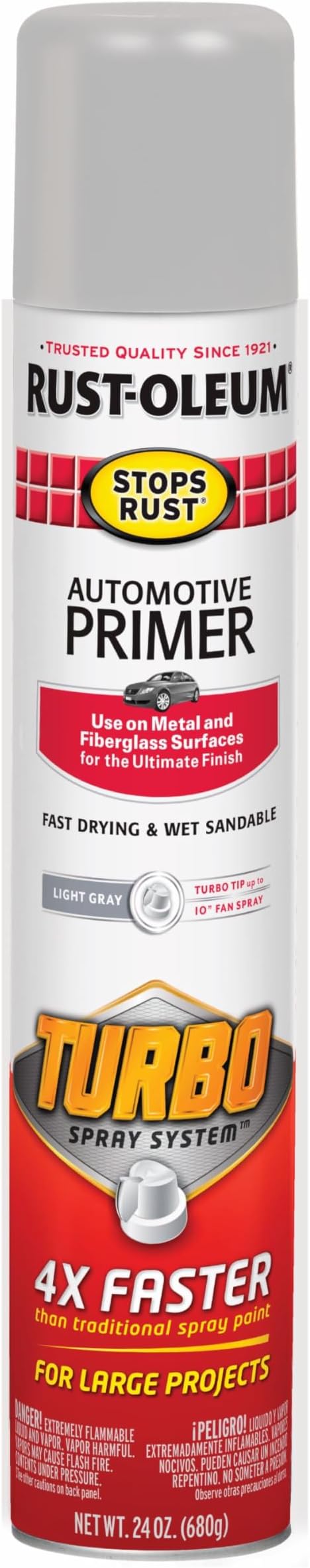 Rust-Oleum Stops Rust Turbo Automotive Primer Spray, Flat Light Gray | Faster Projection Completion for Large Jobs, Rust Preventive, Professional Results, Quick Dry, Wet Sandable