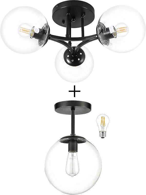 Bagood Globe Semi Flush Mount Ceiling Light Clear Glass with Matte Black Finish&Clear Globe Semi Flush Mount Ceiling Light Clear Glass Matte Black Chandeliers for Hallway Living Room Kitchen Bedroom