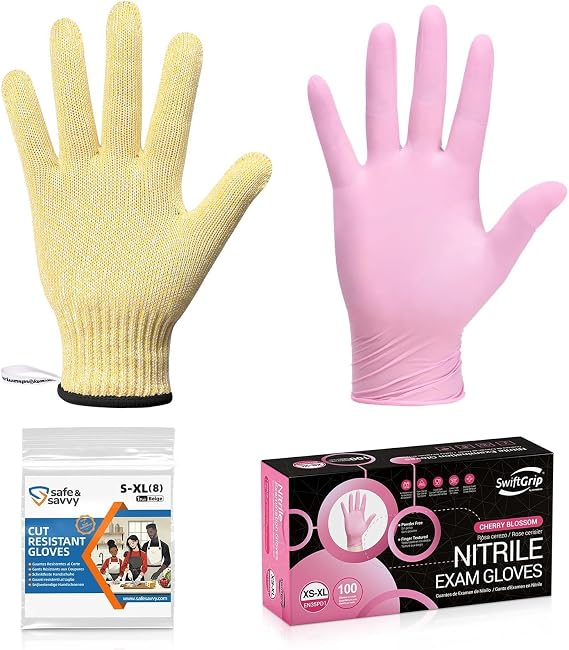 SwiftGrip Pink 3-Mil Nitrile Gloves (100-Count, Small) with Beige Level 5 Cut Resistant Gloves (1 Pair, Small) Latex Free, Fiberglass-Free Industrial & Food Handling Safety Set