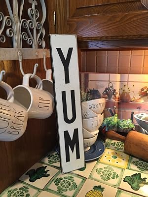 Yum Sign,Farmhouse Kitchen Decor,Vertical Wood Sign,Gift for Cook,Rustic White Kitchen Sign 4x16 Inch10x40 cm