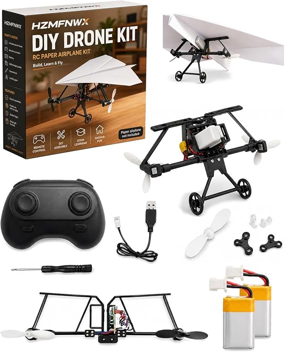 DIY Drone Kit, Rc Paper Airplane Kit, Paper Airplane Not Included, with Gyro Stabilizer DIY Electric Remote Control Plane with Dual Propellers, Lightweight Foldable Flying(Dual Battery)