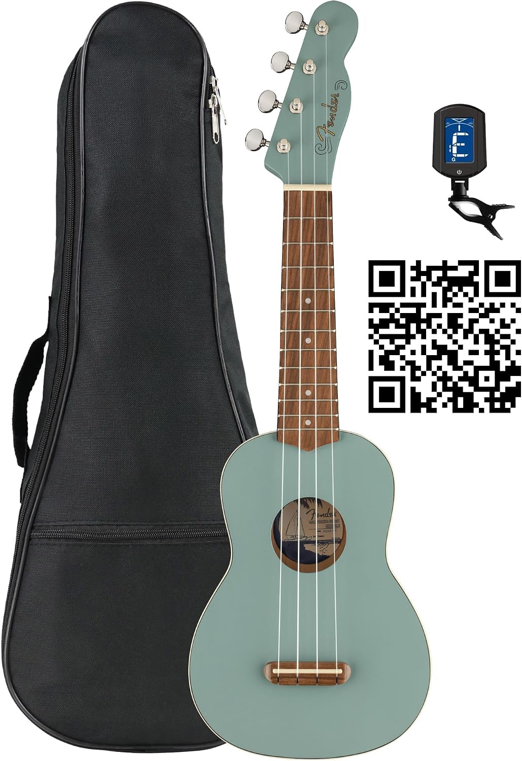 Fender Venice Soprano Ukulele - Sonic Gray Bundle with Gig Bag, Tuner, and Austin Bazaar Instructional Video