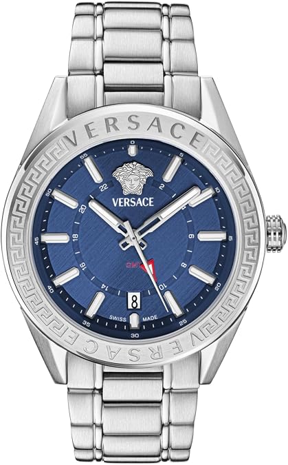 Versace V-Code GMT Collection Luxury Mens Watch Timepieces with a Silver Bracelet Featuring a Stainless Steel Case and a Blue Dial