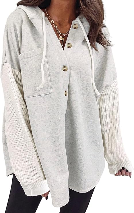 SHEWIN Women Oversized Hooded Sweatshirt Loose Fit Casual Button Hoodies