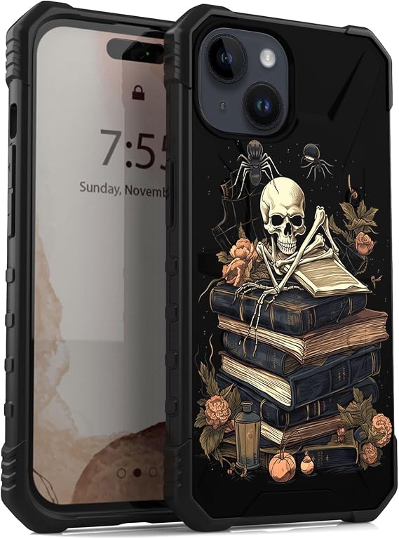 Case for iPhone 15 6.1-Inch, Stylish and Durable Dual-Layer Protection, [Military-Grade Protection] Shockproof Tough Phone Cover for iPhone 15, Book Skull