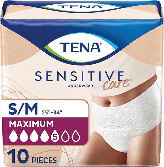Tena Sensitive Care Underwear for Women Maximum, Adult Diaper, Postpartum and Bladder Leakage, S/M, 10 Count, Better Fit