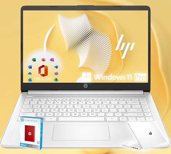 HP 14 Ultrabook Intel 4-Core CPU Back to School Limited Edition with Microsoft 365 32GB RAM 1600GB Storage (64GB OnBoard withHP 512GB P500 Portable SSD + 1TB OneDrive) Win11 Pro Snow White