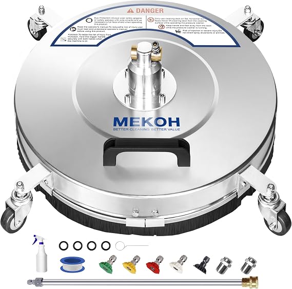 MEKOH 18" Pressure Washer Surface Cleaner 4500 PSI,4 Wheels Stainless Steel Power Washer Attachment for Driveway Sidewalk Patio Concrete Cleaning, 1/4'' Quick-Connect, 1 Extension Wand&5 Spray Nozzles