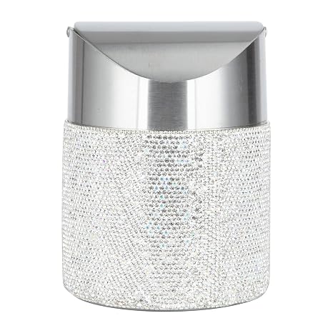KEYPOWER Bling Rhinestone Mini Trash Can Tiny Waste Can with Swing Lid Stainless Steel,Suitable for Countertop,Car,Table Desk(White)