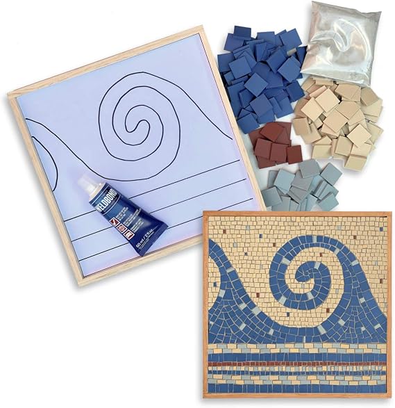 Make it Mosaics - Ancient Motifs, Modern Materials Mosaic Kit with Leponitt Mosaic Tile Nipper ~ 10.5" x 10.5" - Blue Wave Pattern