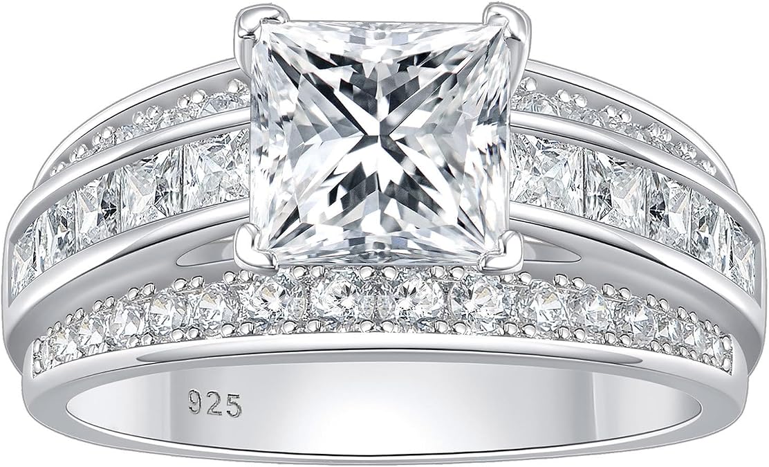 SHELOVES Princess Cut Wedding Rings for Women 5A Cubic Zirconia 925 Sterling Silver Promise Engagement Ring Sz J 1/2-T 1/2
