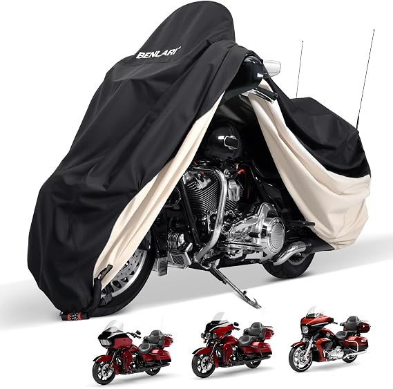 Benlari Motorcycle Cover Waterproof with Side Top Box Compatible with Harley Davidson Touring Ultra Limited Street Glide Road Glide Electra Glide Outdoor All Weather Protection, XL,116" x 47" x 53"