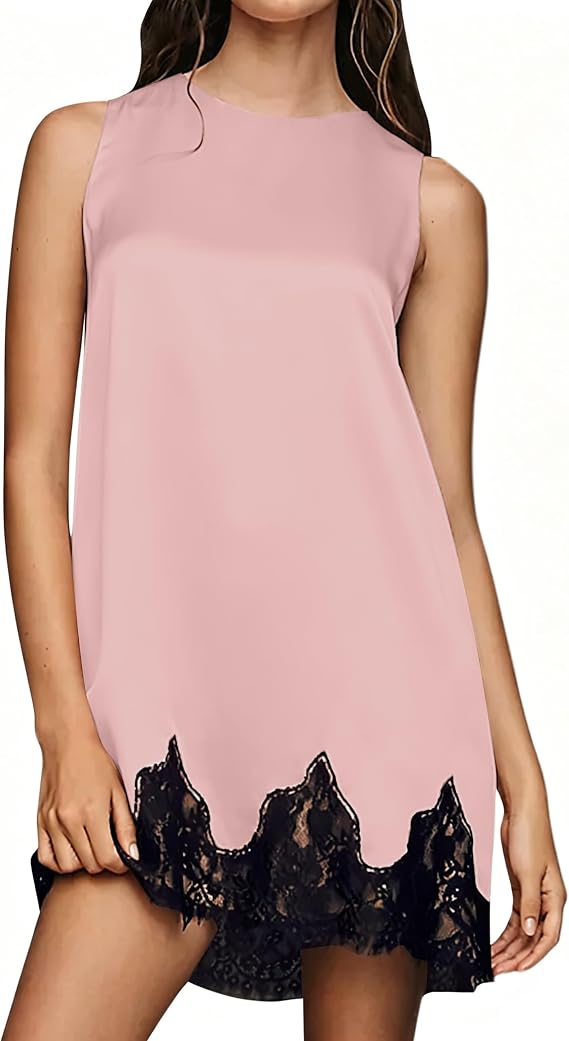 TERIVEEK Women Lace Trim Sleeveless Mini Dress Elegant High Neck Shift Dress 2026 Summer Party Cocktail Dress