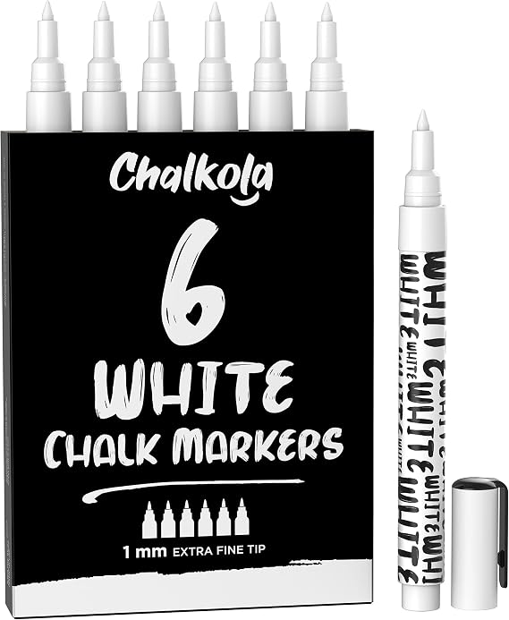 Chalkola 6 White Fine Tip Chalk Markers for Blackboard, Chalkboard (1mm)